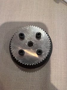 Metal sprocket/gear disc with hex center hole and 4 bolts